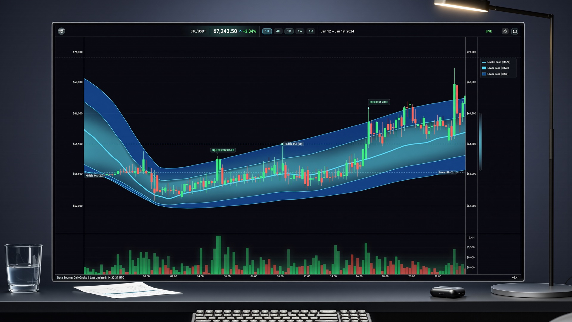 Bollinger Bands on a crypto chart — three bands forming a channel around candlesticks, squeezing together then expanding
