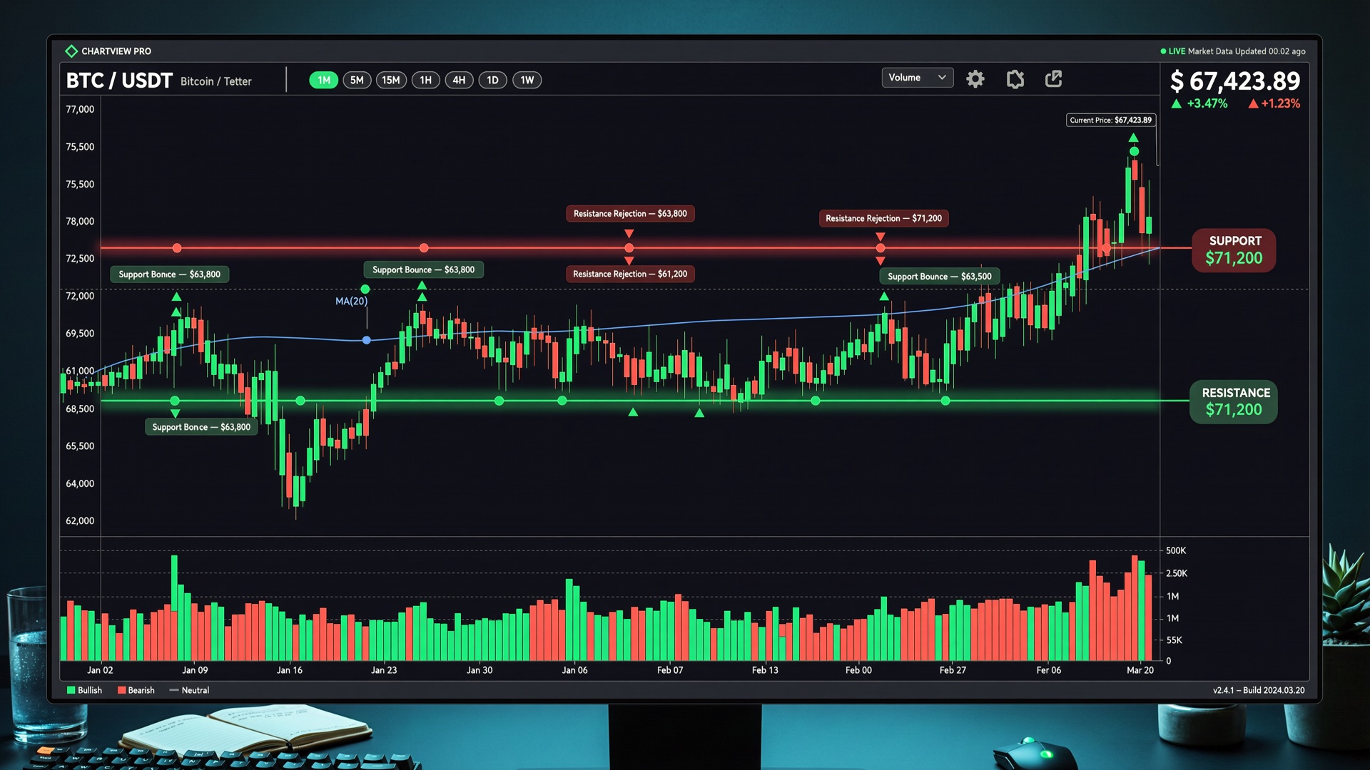 BTC/USDT crypto chart showing a green support line and red resistance line with multiple bounces and rejections labeled